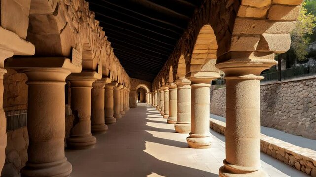 Historic stone colonnade with arches and columns lit by natural sunlight, creating shadows on the tiled floor.