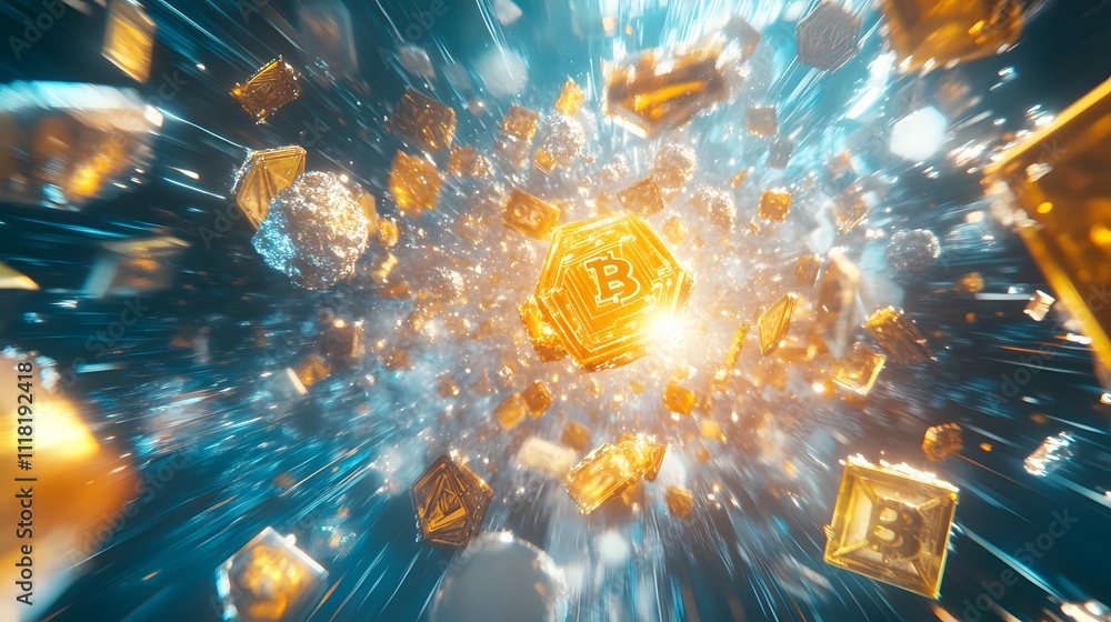 Poster a dynamic scene illustrating tokenization, depicting various assets being transformed into digital t