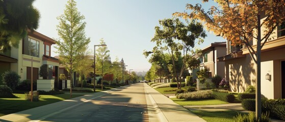 Obraz premium Tranquil suburban street lined with trees and houses, basking in the warm glow of a sunny afternoon.
