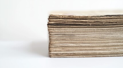 A close-up side view of a stack of vintage newspapers with visible grain texture, set on a bright white background