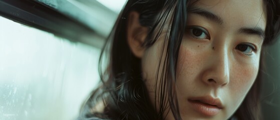Naklejka premium A contemplative portrait of a woman in ambient light by a window, capturing her thoughtful gaze and emotive presence.