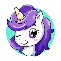 Cute Unicorn Cartoon Kawaii Sticker. Character Vector Illustration