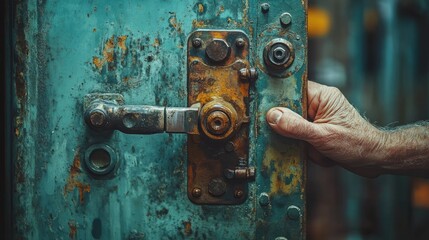A Weathered Rusty Door, A Hand Reaches For It, evoking a sense of History, Mystery and Time