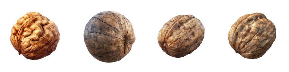 Obraz premium Four walnuts in varying textures showcasing the natural beauty and diversity of nuts commonly used in cooking and baking.