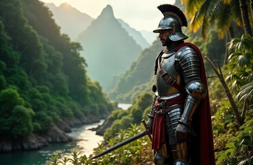 Brave conquistador in plate armor stands in tropical jungle on island. Looks out at landscape. Medieval soldier explores new lands with sword. Historical figure on adventure. Tropical island scenery.