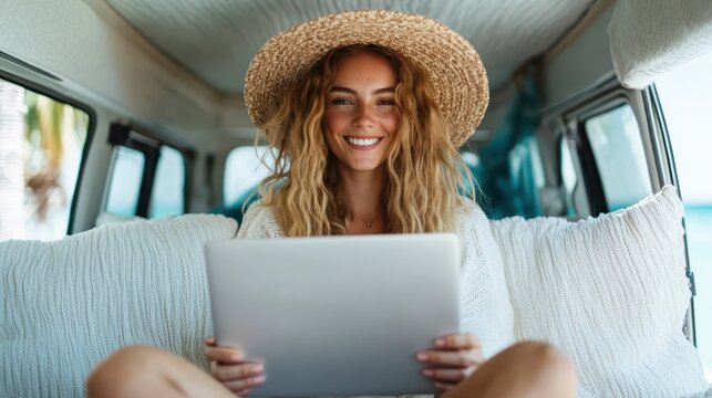 A woman wearing a straw hat sits comfortably in a camper van, enjoying her time using a tablet. She is surrounded by a cozy and laid-back atmosphere. - Powered by Adobe