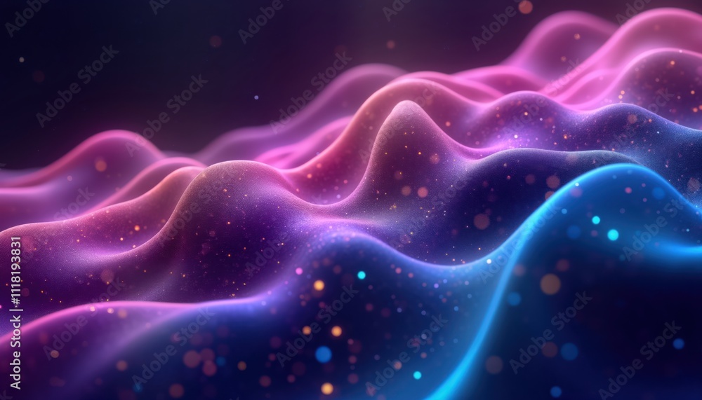 Poster abstract holographic fluid waves in vibrant neon colors. fluid motion creates smooth curves, gradien