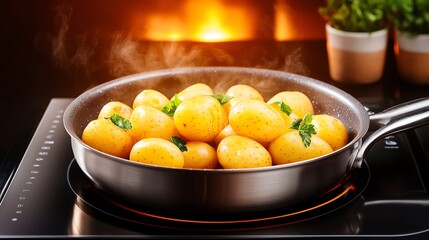 Golden potatoes sizzling in a pan with fresh herbs, cooked over a fiery orange glow for a delicious culinary experience.