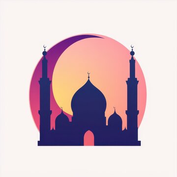 recommend clip art: Final prophet Muhammad, crescent and mosque silhouette, flat design illustration