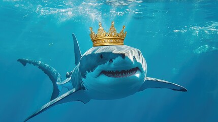 A great white shark adorned with an elegant golden crown, gliding through clear ocean waters in a regal pose