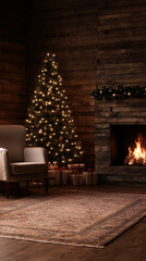 Fototapeta premium A warm, inviting room features a decorated Christmas tree and a crackling fireplace, creating a perfect holiday atmosphere filled with joy and nostalgia.