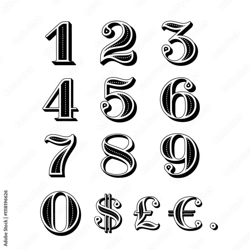 Fototapete number and currency font. font of numbers in classical style. beautiful elegant numerals. vintage an