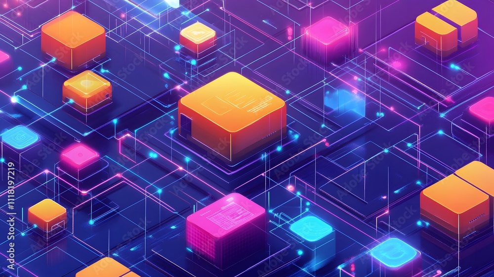 Poster a vibrant illustration of decentralization in blockchain technology, showcasing a network of interco