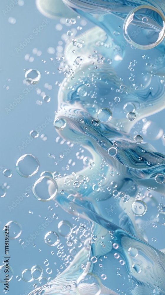 Poster bubbles float around swirling blue patterns against a soft background. concept of fluidity and tranq