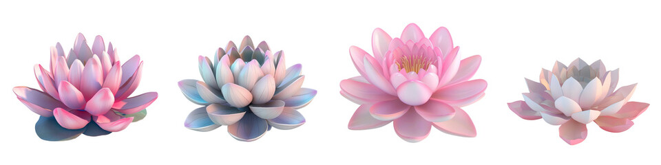 A stunning collection of four beautiful lotus flowers in varying shades, perfect for enhancing any artistic or natural-themed project.