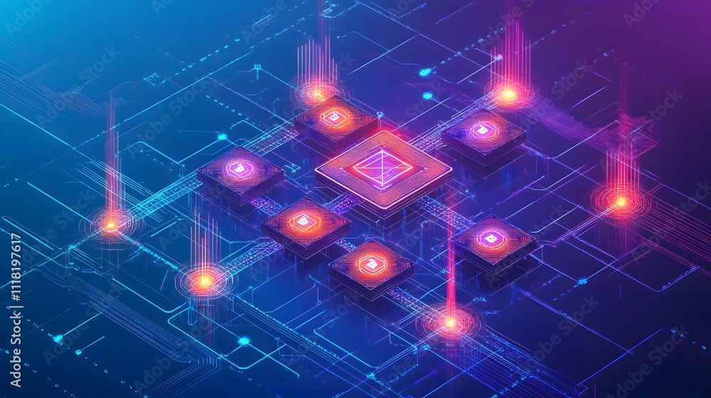 Poster a vibrant illustration of decentralization in blockchain technology, showcasing a network of interco
