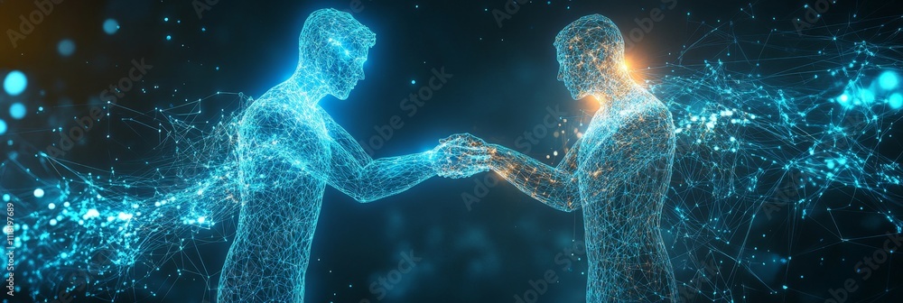 Aufkleber digital connection between two luminous human figures in a networked environment