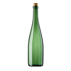 A tall green glass wine bottle with a corked top and no label, isolated on a transparent background