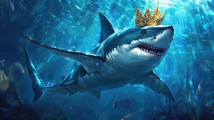 Naklejka premium A majestic great white shark swimming gracefully underwater, wearing a golden crown, surrounded by shimmering blue light
