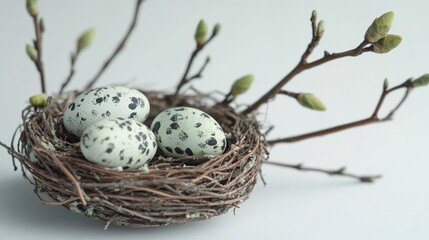 Fototapeta premium Composition with green buds on branches, decorative nest with easter eggs on a light background, with copy space