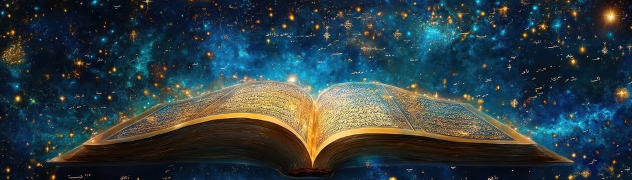 Quranic faith illuminated in celestial patterns, holographic verses glowing amidst a serene futuristic spiritual universe