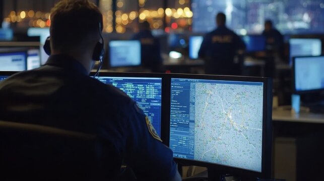 Real-time maps and glowing digital displays in a 911 call center, with police officers working efficiently in the background