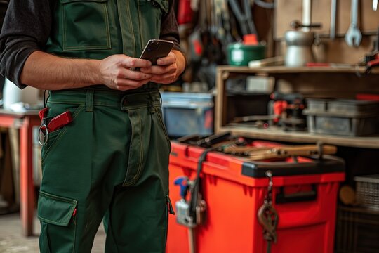 Mechanic with Green Work Coverall Utilizing Cellphone in Workshop
