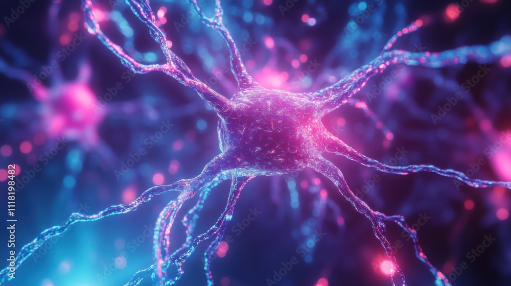 Poster the illustration displays neural pathways with intricate connections, highlighted in vibrant pink an