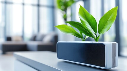 Modern office design featuring a sleek black speaker with fresh green leaves, combining technology and nature for a serene workspace.