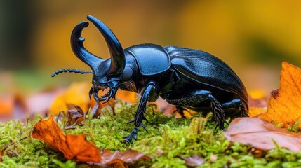 Close-up of a black beetle on autumn leaves and moss.