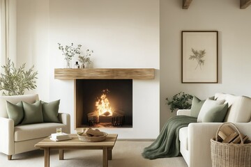 Naklejka premium Cozy farmhouse living room interior with warm colors. Fireplace with burning wood central. Light beige sofa, armchair, wooden coffee table in room. Soft green accents add warmth. Plants, dried