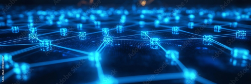 Poster futuristic digital network with glowing blue nodes and interconnected lines