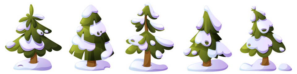Vector set of cartoon fir trees of different shapes under snow. Snow-covered forest tree, pine tree in snowdrift, Christmas tree. Clip art for children's books and educational games.