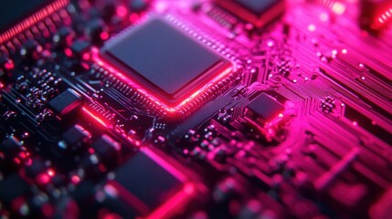 Obraz premium Close-up of a circuit board with a central processor chip, highlighted with vibrant pink neon light.