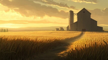Fototapeta premium Ripe wheat illuminated by sunlight, with a granary and grain elevator creating a soft industrial backdrop