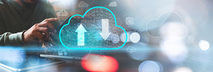 Businessman is using virtual cloud computing with copy space to transfer data information and...