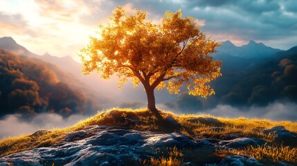 Golden Tree in a Serene Mountain Landscape at Sunrise