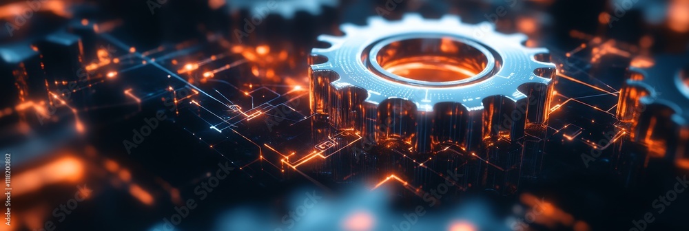 Poster futuristic metallic gears with glowing circuitry in a high-tech environment