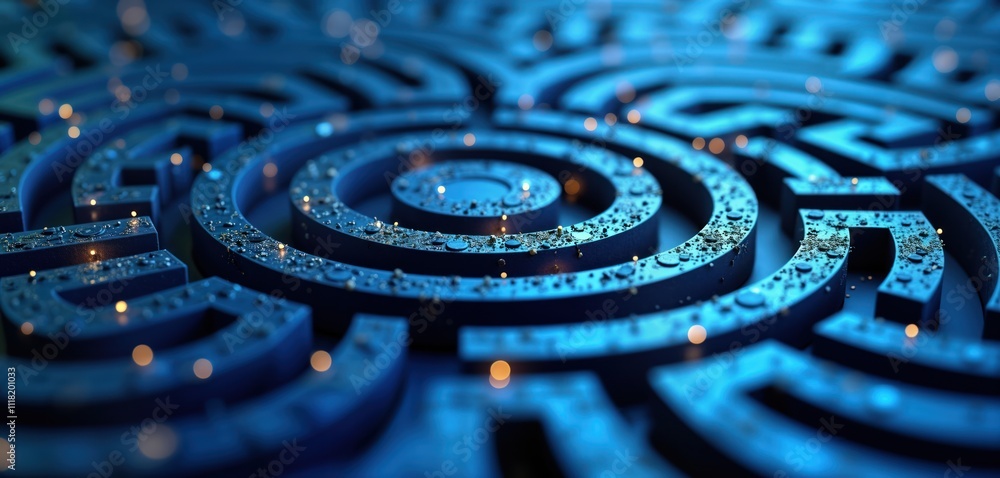 Poster abstract close-up view of complex blue maze design. circular patterns create sense of depth, complex