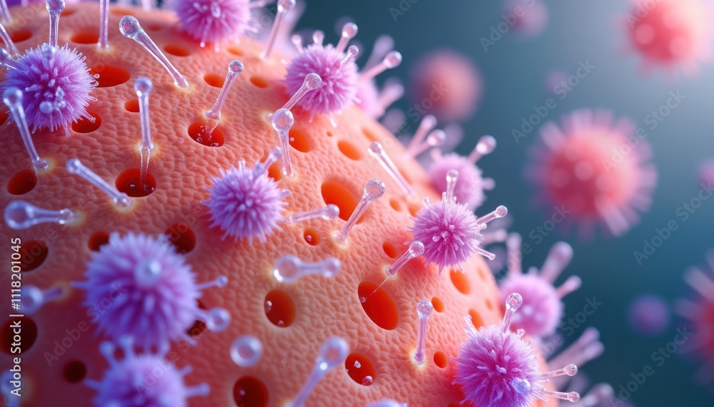 Poster magnified view of langerhans cells. cells interact with pathogens. immune response shown. skin cells