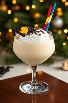  Un c&oacute;ctel cremoso beige servido en una copa ancha, decorado con crema batida, chispas de chocolate y popotes de colores, con un fondo festivo y &aacute;rbol de Navidad.
