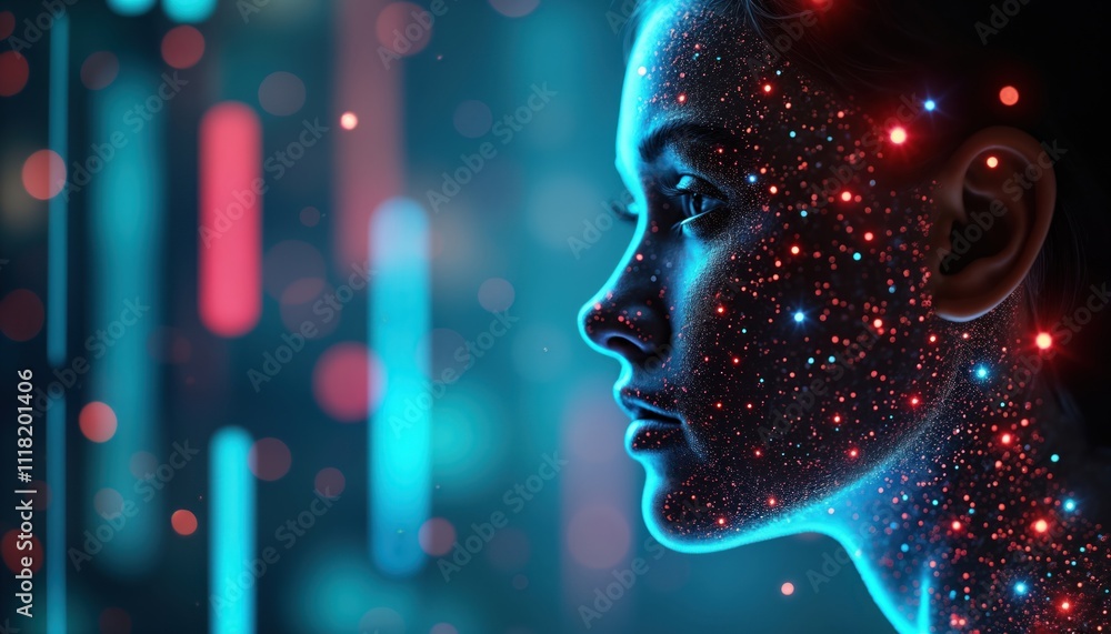 Leinwandbilder cybernetic face silhouette shows advanced tech, ai. profile view of futuristic face. data streams, l
