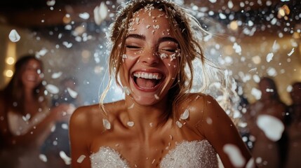 Obraz premium A vibrant bride wearing a floral headpiece joyfully dances in a storm of petal confetti, capturing the exhilaration and unbridled joy of her wedding celebration.