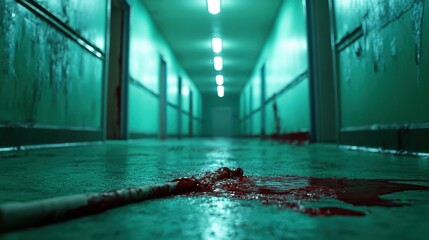 A long green-lighted hallway is marred by blood trails on the floor, creating an ominous path leading into the unknown, evoking tension, fear, and a sense of dread.