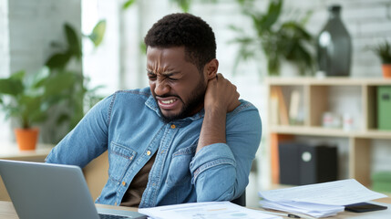 An office worker sitting at a desk, wincing in pain as they massage their shoulder with one hand, a laptop and paperwork scattered on the desk in a modern, brightly lit office environment