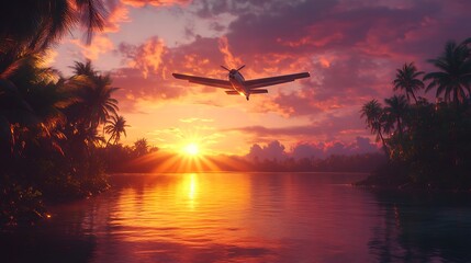Sunset airplane flight over tropical lake beautiful landscape view