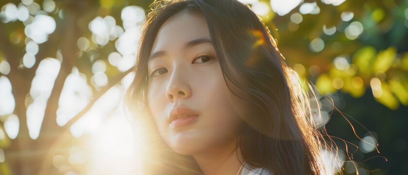 A woman in nature, backlit by sunlight, captures a moment of contemplation and serenity in a lush, green setting.