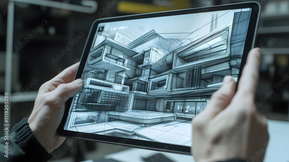Poster a digital artist creating a stunning 3d model of a futuristic building on their tablet, with ar tool