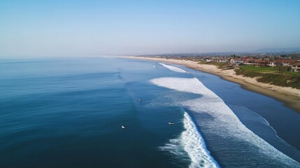 Aerial view of surfers riding waves along a pristine coastline, with houses and sandy beach visible.
