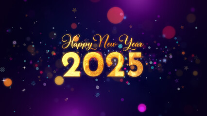 Golden Happy New Year 2025 message with colorful festive particles, including stars and snowflakes, on a dark purple background, symbolizing celebration and festivity.